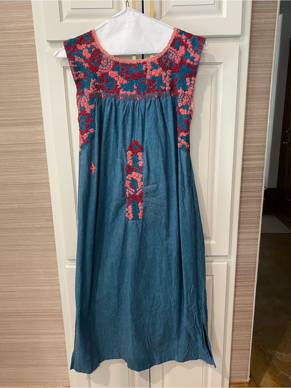 Mi Golondrina Dusty Blue Midi Dress, S EUC with Red and Coral Floral Embroidery